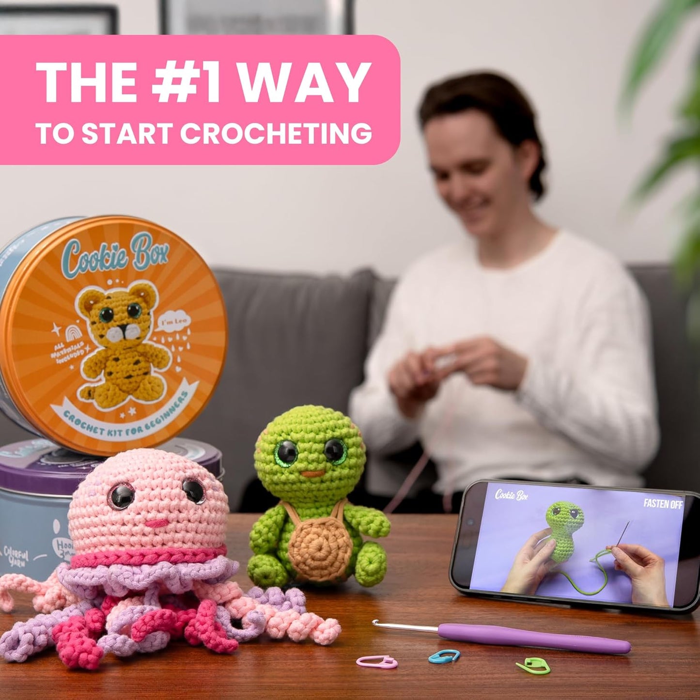 Cookie Box Crochet Kit for Beginners โ Gift Set to Make Bear Ted Amigurumi Plushie โ Easy DIY Crochet & Knitting Starter Kit with Video and PDF Tutorials