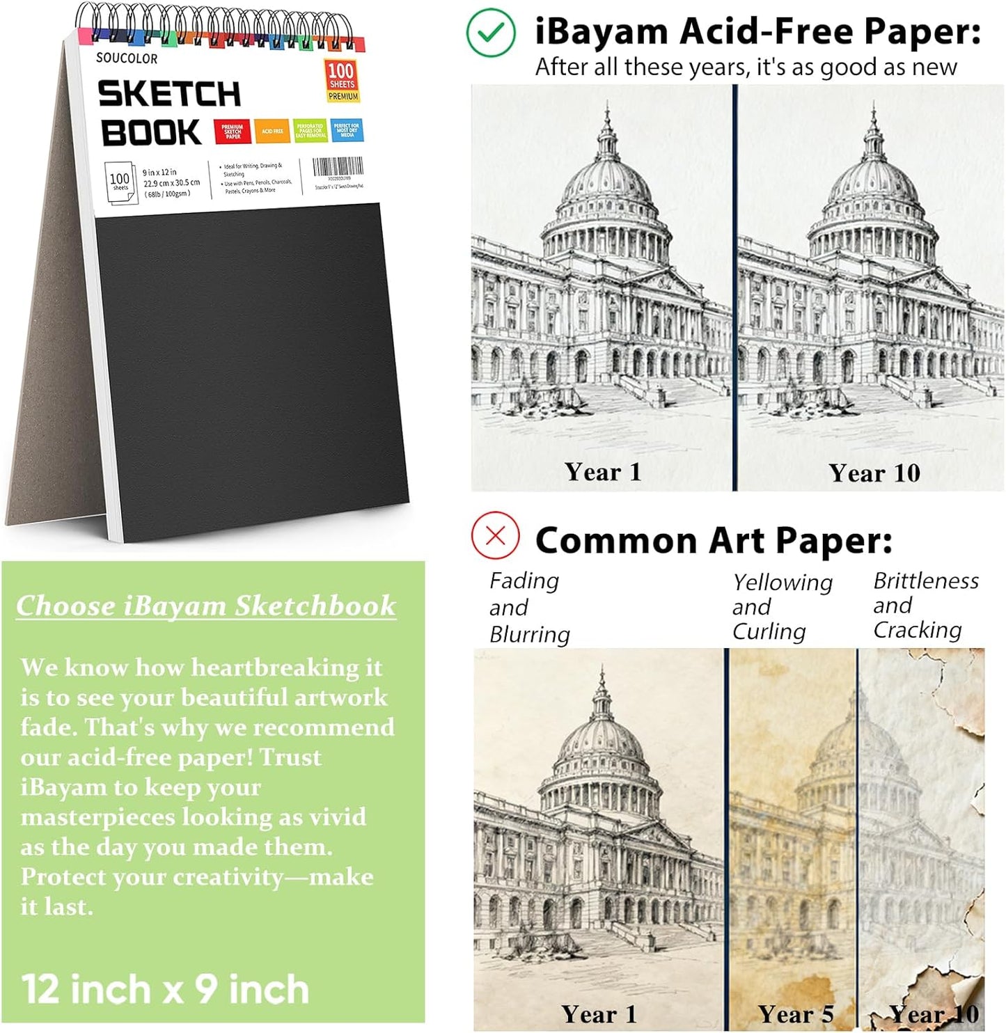 Soucolor 9" x 12" Sketch Book, 1-Pack 100 Sheets Spiral Bound Art Sketchbook, (68lb/100gsm) Acid Free Artist Drawing Book Paper Painting Drawing Writing Sketching Pad for Kids Adult Teens Girls Boys - Crafty Corner