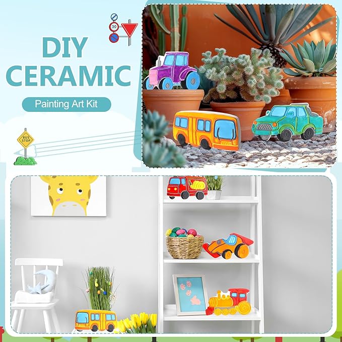 HyDren 8 Pack Paint Your Own Plaster Stones Spring DIY Outdoor Garden Arts and Crafts DIY Stones Painting Kit Supplies with Paint Palette and Brush for Easter Birthday Gifts(Car)
