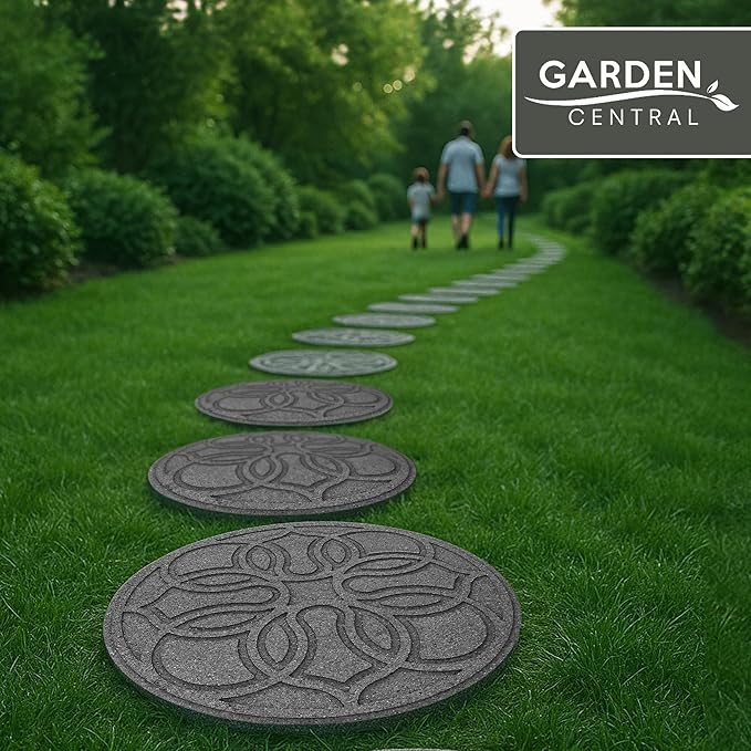 Garden Central TierraVerde 4-Pack 18”x18” Fake Pendant Rubber Stepping Stones, Round, Grey – Reversible Non-Slip Outdoor Faux Decorative Set for Landscaping – DIY Decor for Walkways & Yard Pathways