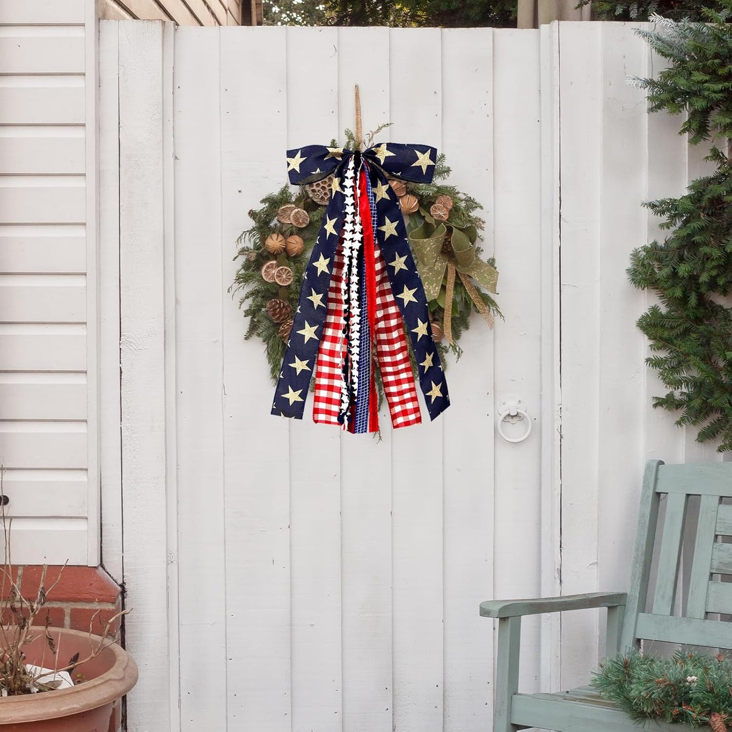 Large Patriotic Star Ribbon Bow for Wreath, Red White Buffalo Plaid Fabric Ribbons Set Assorted Lace Ribbon 4th of July Clip-On Wreath Sash Ribbons Bundle for Patriotic Indoor Outdoor Decor - Crafty Corner