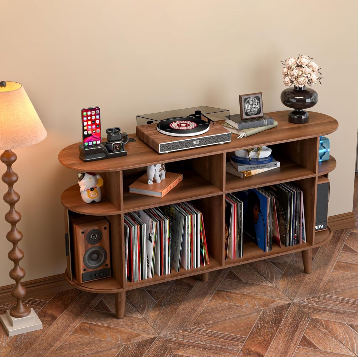 Large Round Record Player Stand with Charging Station & USB Ports,Record Storage Cabinet, Mid Century Modern Turntable Stand for Bedroom Living Room (Walnut)