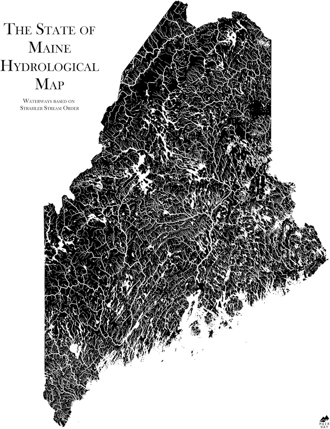 Muir Way Hydrological River Map of Maine - Watershed Topographic Wall Art for Home, Office, or Travel Decor - Unframed Flat Paper Print, 18x24