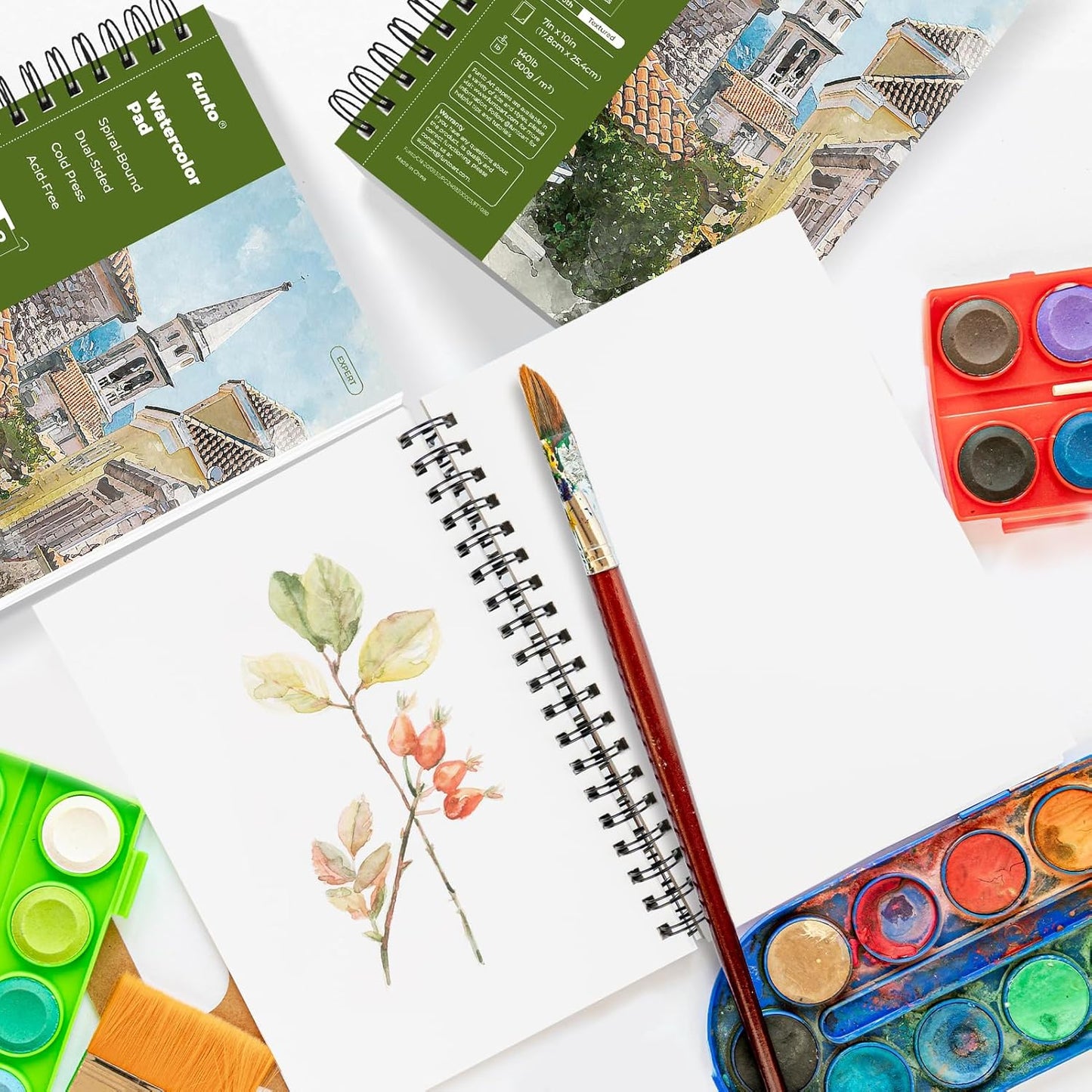 Funto Watercolor Pad 10x7, 3-Pack, 90 Sheets, 140 lb/300 GSM, Double-Sided, Cold Press, Spiral Bound, Heavyweight Paper for Watercolor Painting - Crafty Corner