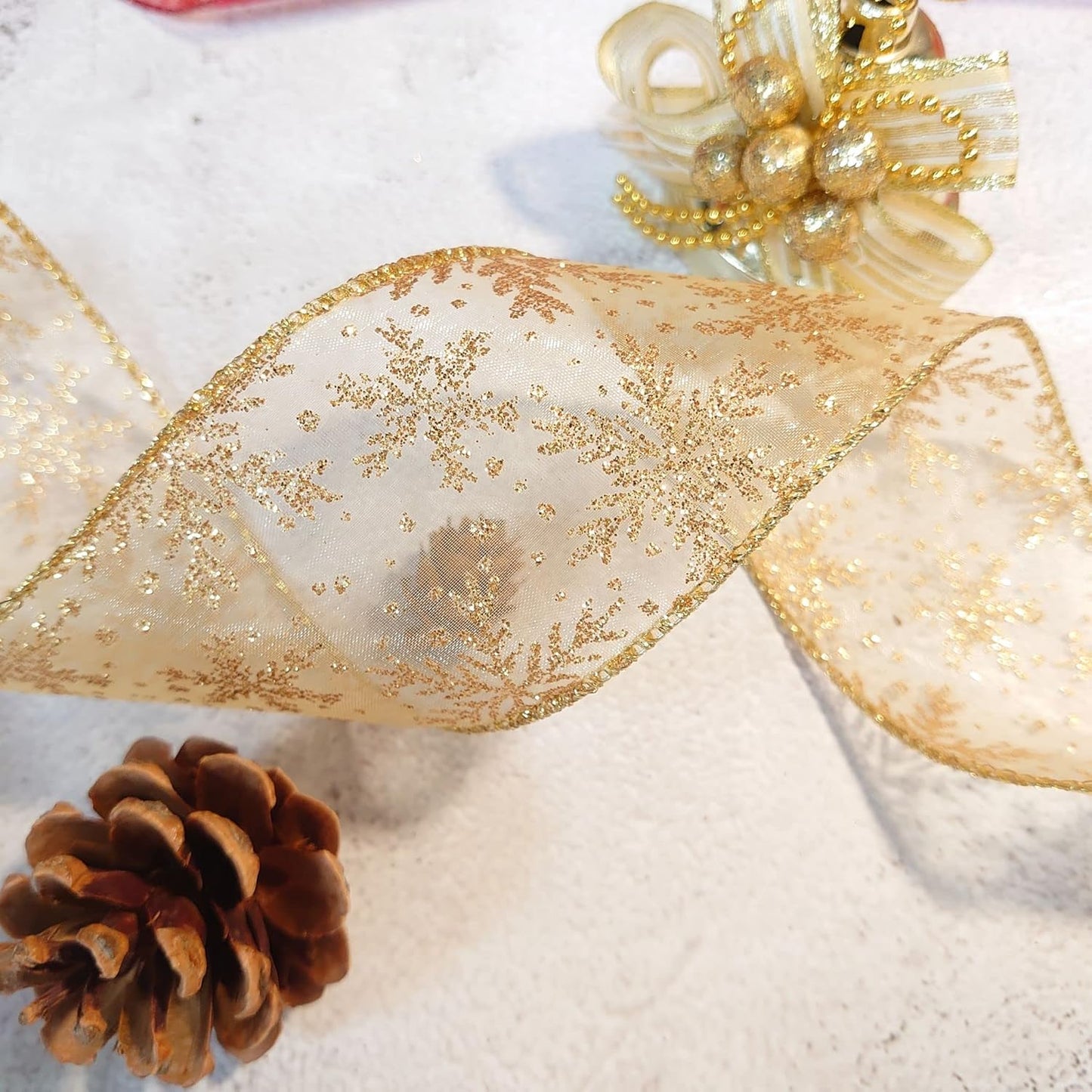 CT CRAFT LLC Organza with Gold Glitter Snowflakes Wired Ribbon 2.5 inch x 50 Yards for Christmas Home Decor Tree Topper Bow Gift Wrapping DIY Crafts Wreath Garland Wedding - Crafty Corner
