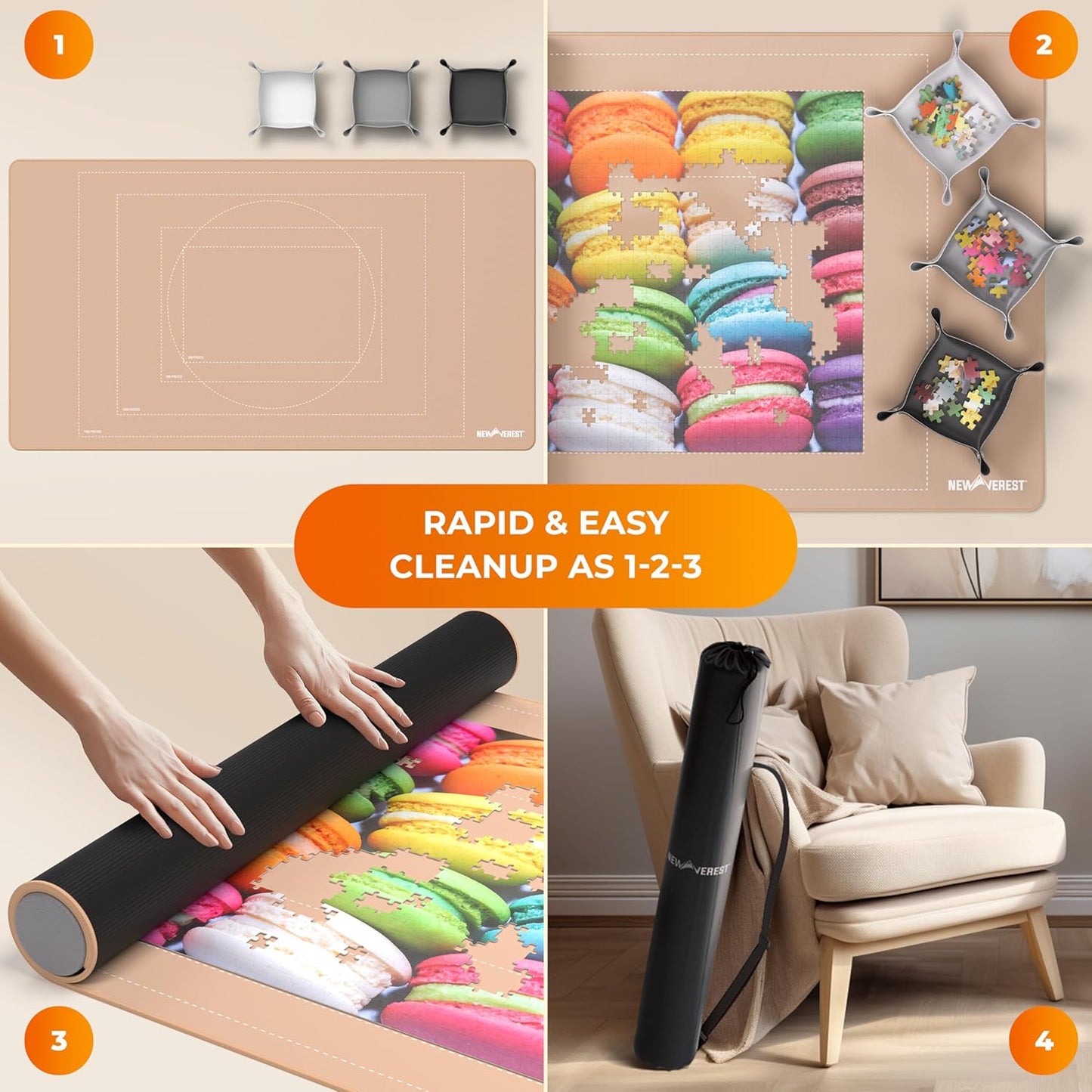 The Original Newverest Jigsaw Puzzle Mat Roll Up, Rose Gold, 46” x 26” Portable Keeper Up to 1500 pieces with Non-Slip Rubber Bottom & Smooth Top + 3 Puzzle Sorting Trays & Travel-Friendly Storage Bag