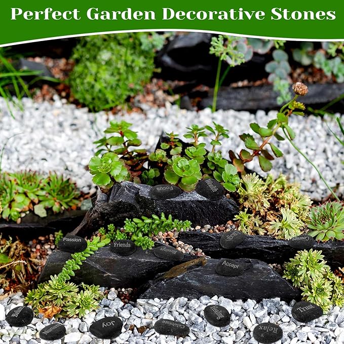 Fabbay Black Rock Engraved Inspirational Stones, Encouragement Motivational Rocks with Words, Natural River Stone Bulk Set for DIY Garden Stone Kit and Decor, Meditation, Positive Gifts(black, 40 Pcs)