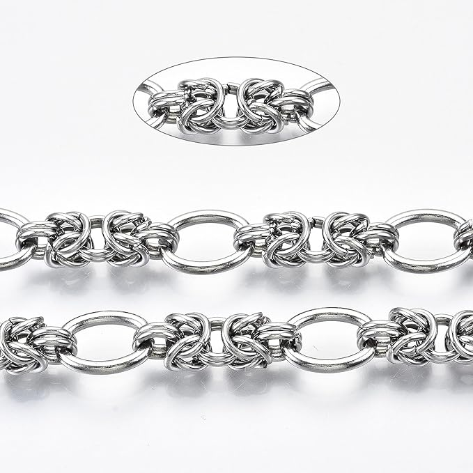 LiQunSweet 16.4 Feet(5m) 304 Stainless Steel Byzantine Chains Roll Knotted Jewelry Chain Bulk for Necklace Jewelry Making - 13.5x10mm