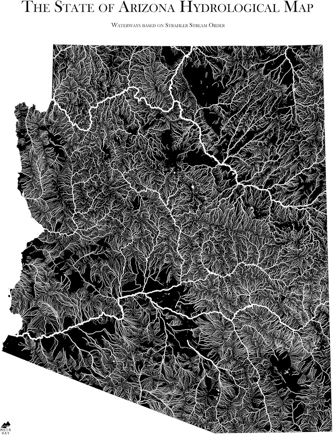 Muir Way Hydrological River Map of Arizona - Watershed Topographic Wall Art for Home, Office, or Travel Decor - Unframed Flat Paper Print, 24x30