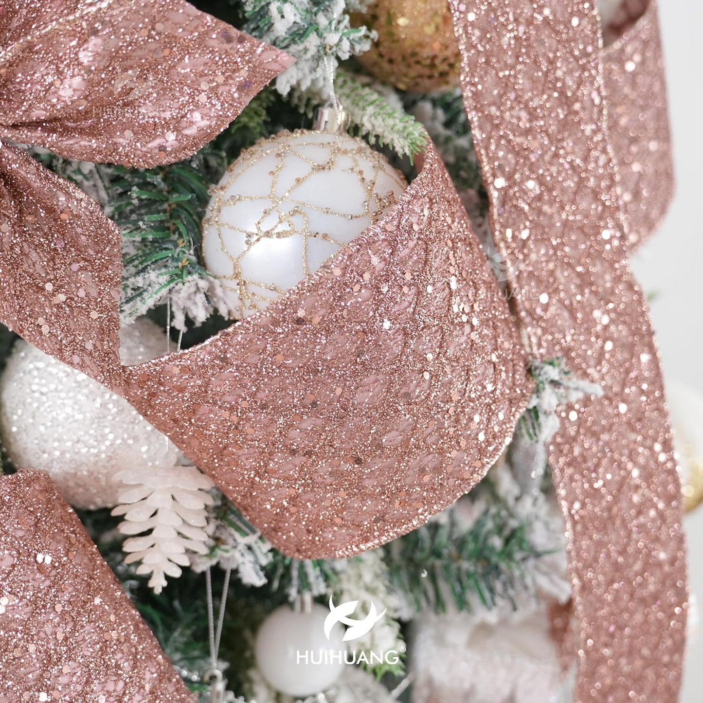 HUIHUANG Rose Gold Christmas Ribbon 4 inch Rose Gold Glitter Wired Ribbon Diamond Mesh Wire Ribbon for X-mas Tree Decorations, Wreaths, Garland, Large Bows Making, Home Decor -10 Yards - Crafty Corner