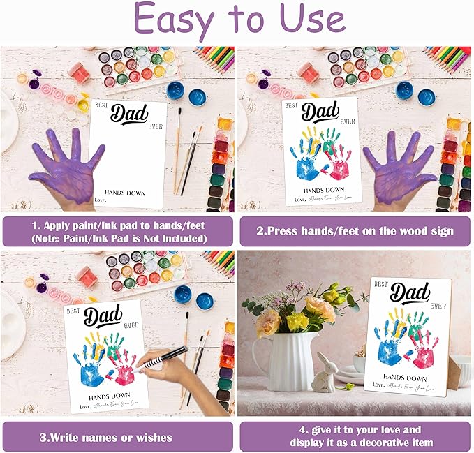 Best Dad Ever DIY Handprint Art Wooden Making Sign, Fathers Day Birthday Personalized Gifts for Dad from Daughter and Son, Baby Handprint Keepsake, Fathers Day Crafts for Family Activities, 9x12 In