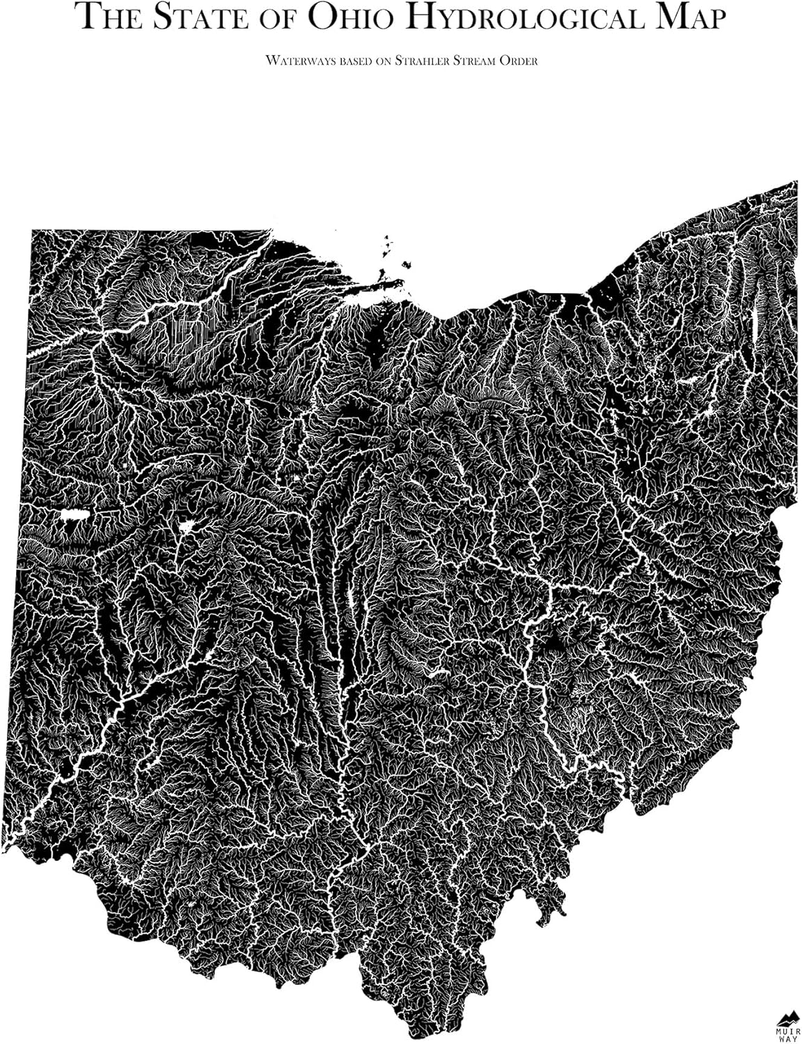 Muir Way Hydrological River Map of Ohio - Watershed Topographic Wall Art for Home, Office, or Travel Decor - Unframed Flat Paper Print, 24x30