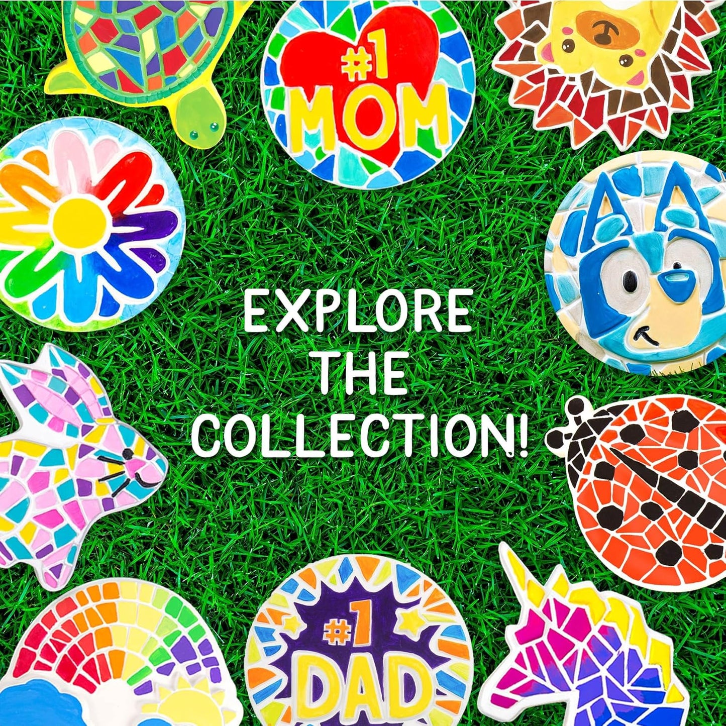 Creative Roots Mosaic Turtle, Hedgehog, & Sun - 3-Pack 7-Inch Ceramic Stepping Stones & 6 Vibrant Paints, Paint Your Own DIY Stepping Stones for Kids Ages 8+
