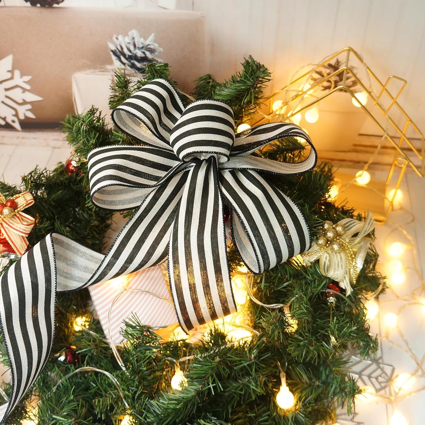CT CRAFT LLC Striped Canvas Cotton Ribbon 2.5" x 10 Yards Ivory/Black Stripes for Thanksgiving Christmas Home Décor Gift Wrapping Outdoor Tree Topper Bow Wreath - Crafty Corner