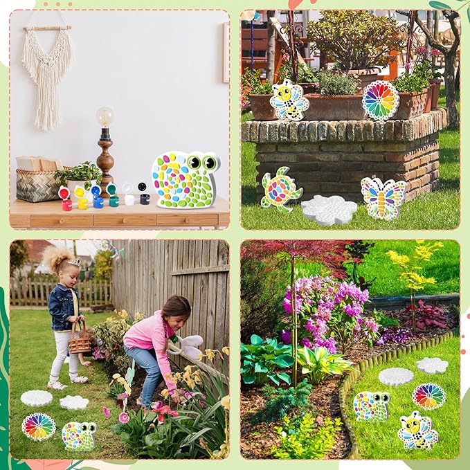 6 Pack Stepping Stone Ceramic Kit for Kids Paint Your Own Plaster Stones Arts and Crafts Handprint Garden and Spring DIY Craft Pottery Outdoor Painting Gifts for Kids Ages 4-12