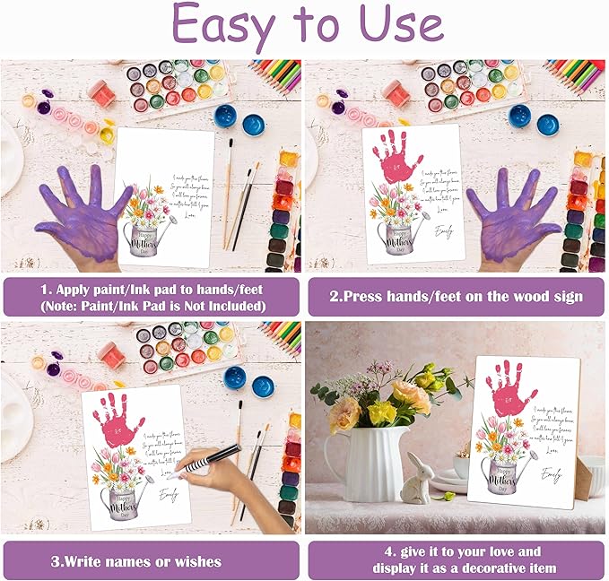 Mother's Day Flower Handprint Art Wooden Making Sign, Baby's First Mothers Day Handprint Keepsake for Family Activities, Gifts for Mom Grandma Grandmother First Time Mom, 9x12 Inch
