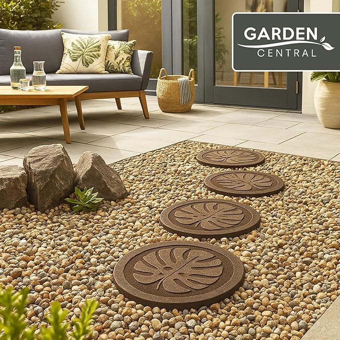 Garden Central 4-Pack 18”x18” Fake Tropical Leaf Rubber Stepping Stones, Round, Brown – Reversible Non-Slip Outdoor Faux Decorative Set for Landscaping – DIY Decor for Walkways & Yard Pathways