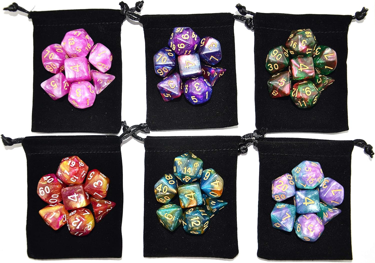 SmartDealsPro 6 x 7 Sets (42 pcs) Glitter Polyhedral Dice Sets with Pouches for DND RPG MTG Dungeon and Dragons Table Board Roll Playing Games D4 D8 D10 D12 D20 (6 Sets)