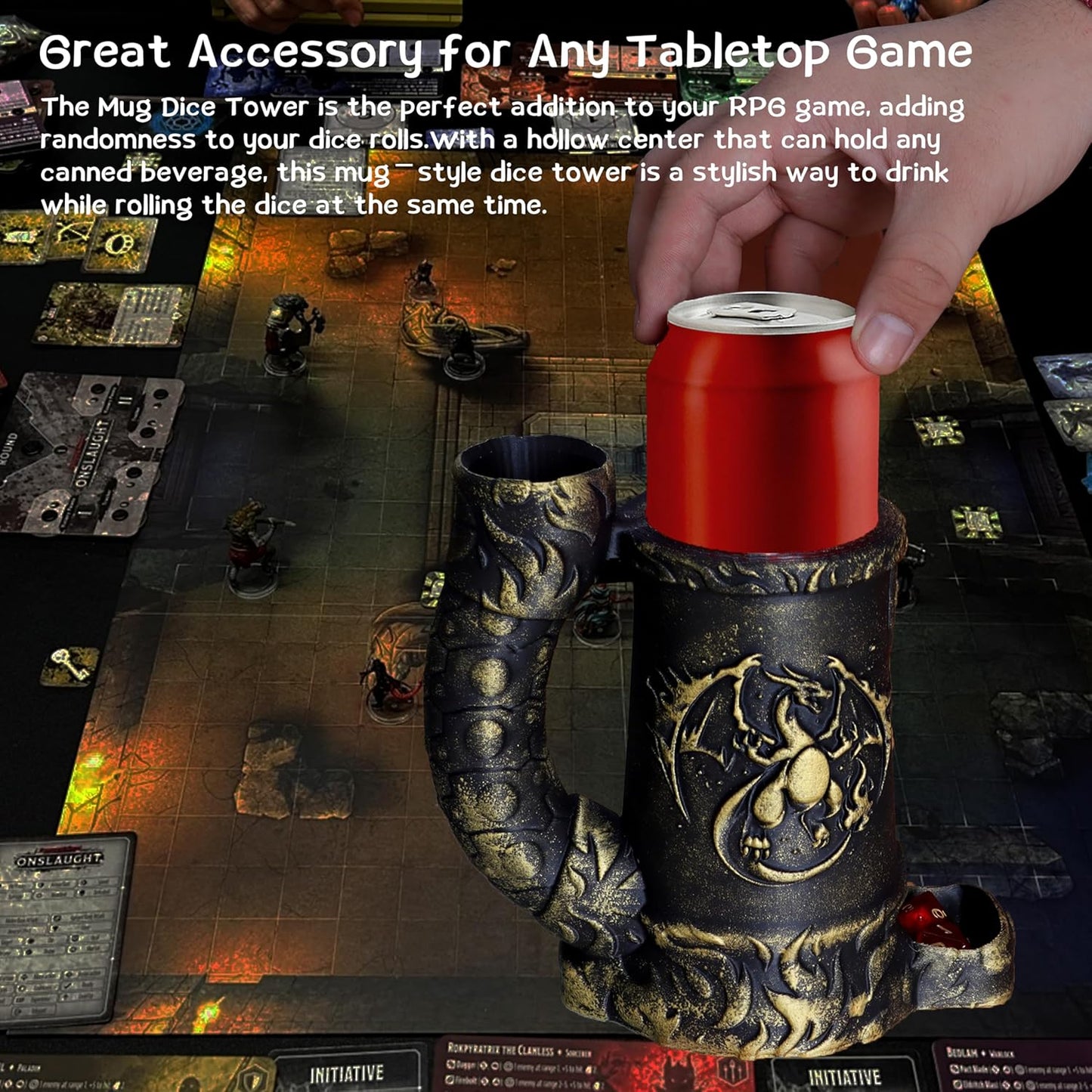 Mug Dice Tower - Dice Rolling Tower,(7PCS D20 Dice Set Included) for DND Gift and Dungeons and Dragon, Tabletop Games, Drink Holder, Tavern Style Board Game Roller (Gold)