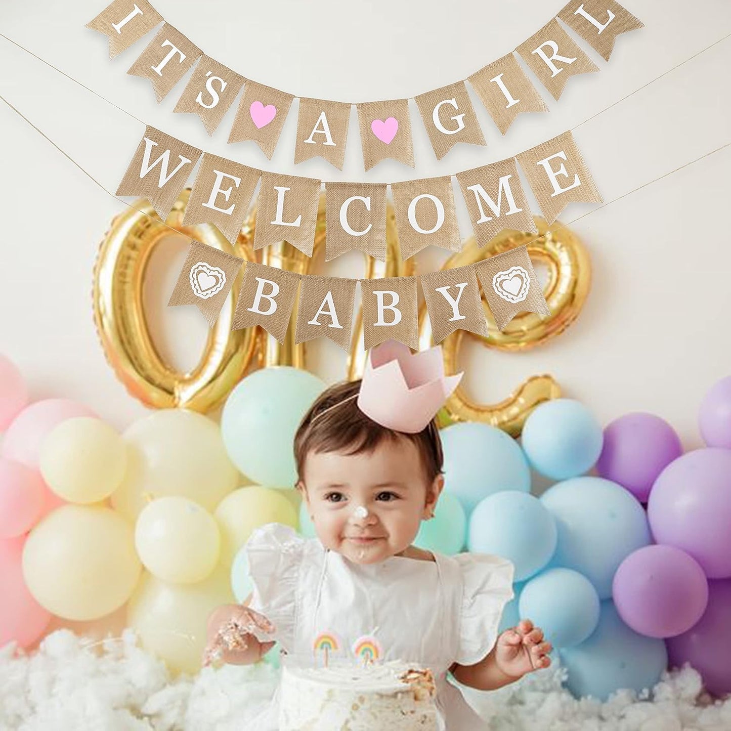 MEEDEE Burlap Banner Welcome Baby Girls Banner Rustic Baby Shower Party Favors Decorations Banners and Signs Baby Shower Bunting Pink (3 Pieces) - Crafty Corner