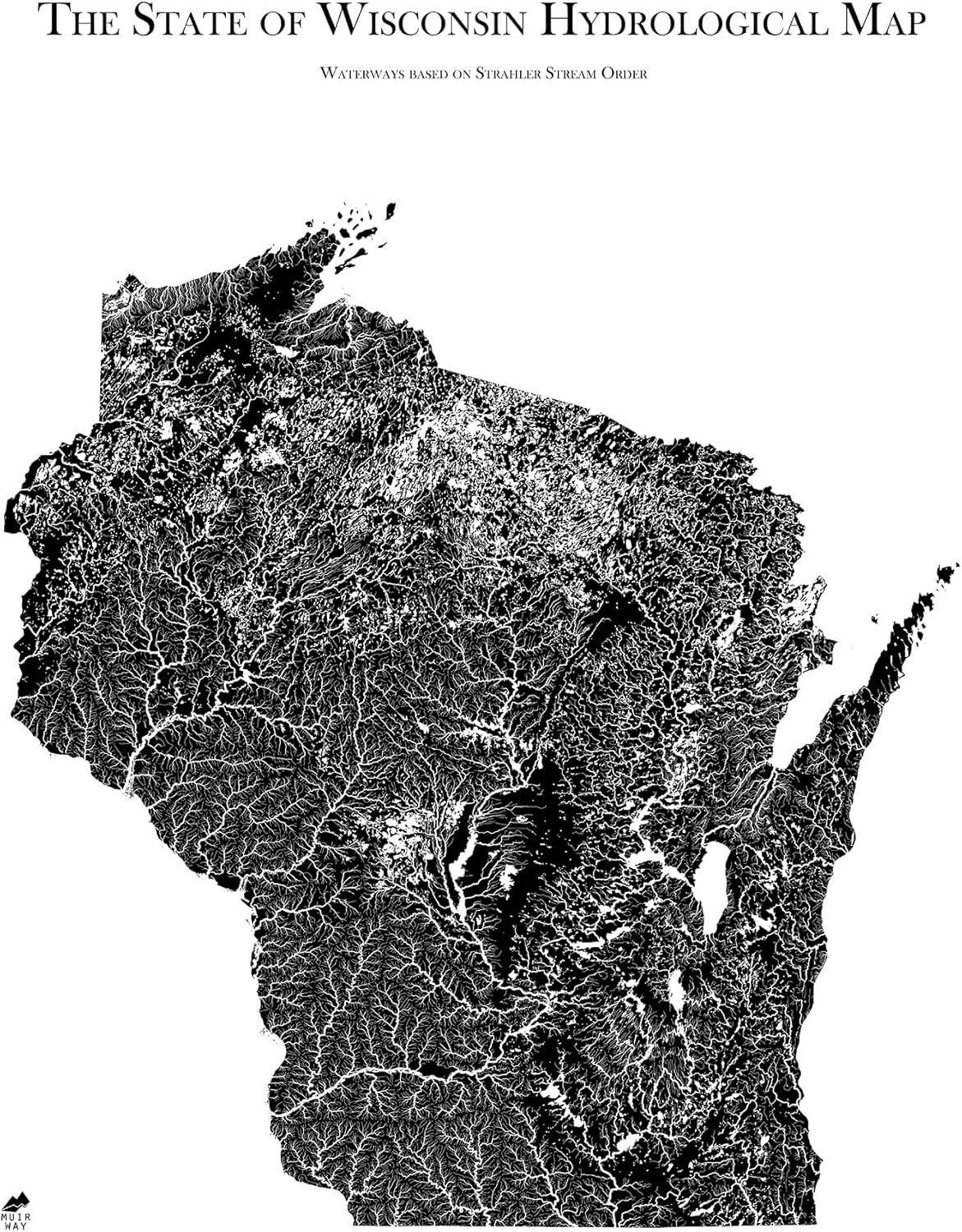 Muir Way Hydrological River Map of Wisconsin - Watershed Topographic Wall Art for Home, Office, or Travel Decor - Unframed Flat Paper Print, 24x30