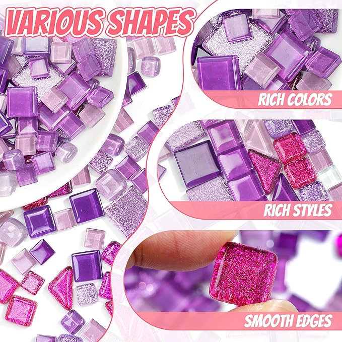 Glass Mosaic Tiles Crafts: Pre-Cut Waterproof Purple 300 Pieces for DIY Outdoor Home & Garden Art Projects - Decor Patio Stepping Stones Kits - Mother Gifts & Family Bonding Activities