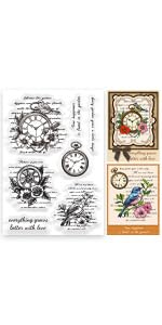Vintage Clear Stamps for Card Making Flower and Bird Text Clear Stamps Retro Clock Clear Stamps for Scrapbooking Wish Words Rubber Transparent Seal Stamps for DIY Photo Album Crafting