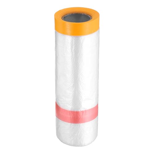 Pre Taped Masking Film 43.3" x32.8ft Double Adhesive Tape and Drape Painters Plastic Drop Cloth Film with Tape Plastic Sheeting for Automotive Painting Covering