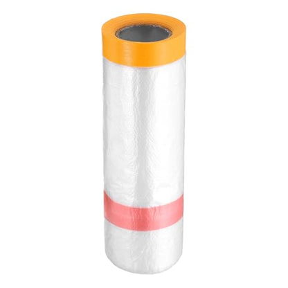 Pre Taped Masking Film 43.3" x32.8ft Double Adhesive Tape and Drape Painters Plastic Drop Cloth Film with Tape Plastic Sheeting for Automotive Painting Covering