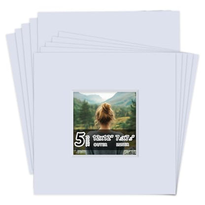 5 Pack Acid Free 12x12 White Picture Mats Board Kit for 8x8