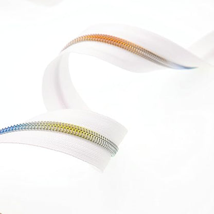 5 Rainbow Teeh Metallic Nylon Coil Zippers by The Yard Bulk 10 Yards White Zipper Tape with 25pcs Silver Ring Pull Sliders for DIY Sewing Tailor Craft Bag