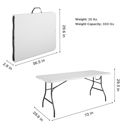 6ft Fold-in-Half Blow Molded Folding Table, Indoor/Outdoor, Comfort Handle, Lightweight Plastic Construction - White