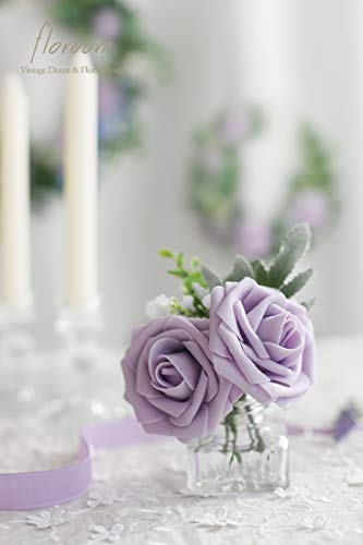 Artificial Flowers 50pcs Real Looking Lilac Foam Fake Roses with Stems for DIY Wedding Bouquets Baby Shower Centerpieces Floral Arrangements Party Tables Home Decorations (50 Count)