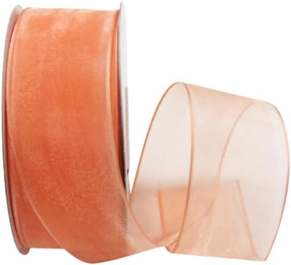 Ribbon Bazaar Sheer Organza Wired Ribbon - 100% Polyester Wire Edged Ribbon for Floral Decor, Table Arrangements, Apparel Embellishment & More - 1-1/2" Peach 25yd - Crafty Corner