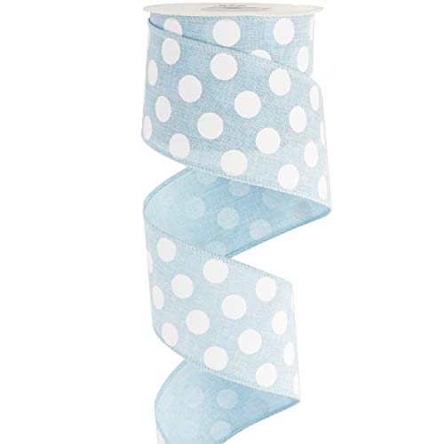 Blue Burlap Ribbon 2.5 Inch with White Polka Dot Blue White Wired Ribbon for Baby Boy Wreaths and Showers (30 Foot)