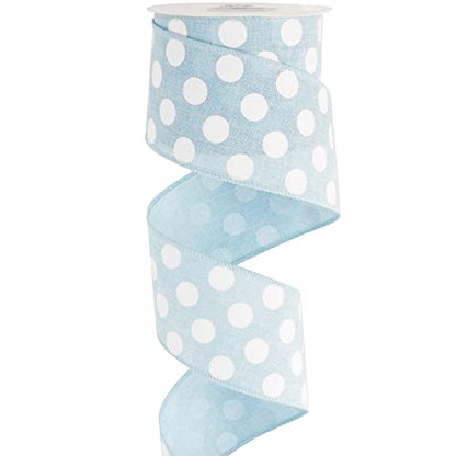 Blue Burlap Ribbon 2.5 Inch with White Polka Dot Blue White Wired Ribbon for Baby Boy Wreaths and Showers (30 Foot)