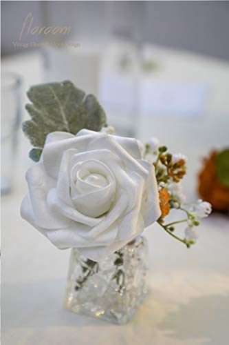 Artificial Flowers 50pcs Real Looking Shimmer Silver Grey Foam Fake Roses with Stems for DIY Christmas Tree Xmas Wedding Bouquets Party Tables Centerpieces Floral Arrangements Home Decor (50 Count)