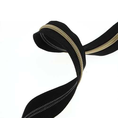 5 Metallic Nylon Coil Zippers by The Yard Bulk 10 Yards Black Zipper Tape with 25pcs Gold Ring Pull Sliders for DIY Sewing Tailor Craft Bag