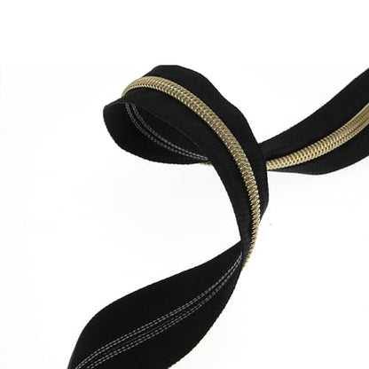 5 Metallic Nylon Coil Zippers by The Yard Bulk 10 Yards Black Zipper Tape with 25pcs Gold Ring Pull Sliders for DIY Sewing Tailor Craft Bag
