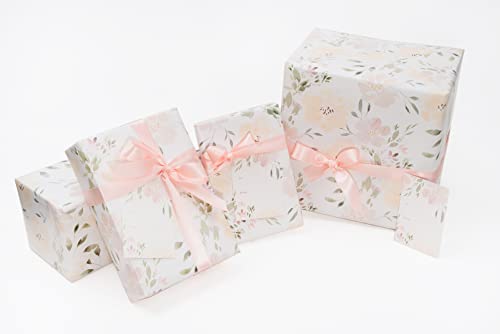 Floral Wedding Wrapping Paper sheets + Ribbon Set with Tags (3 Count)