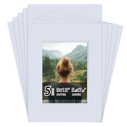 5 Pack Acid Free 9x12 White Picture Mats Board Kit for 6x8