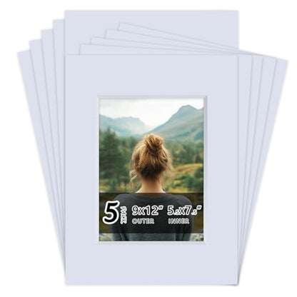 5 Pack Acid Free 9x12 White Picture Mats Board Kit for 6x8