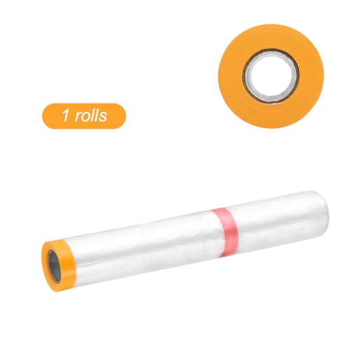 Pre Taped Masking Film 177.2" x32.8ft Double Adhesive Tape and Drape Painters Plastic Drop Cloth Film with Tape Plastic Sheeting for Automotive Painting Covering