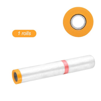 Pre Taped Masking Film 177.2" x32.8ft Double Adhesive Tape and Drape Painters Plastic Drop Cloth Film with Tape Plastic Sheeting for Automotive Painting Covering