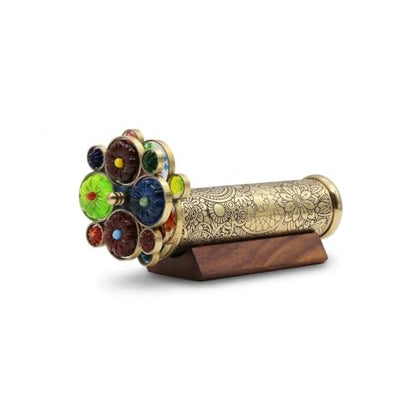 Handcrafted Etched Floral Pattern Lacquered Brass Kaleidoscope Includes Two Separate Turning Wheels