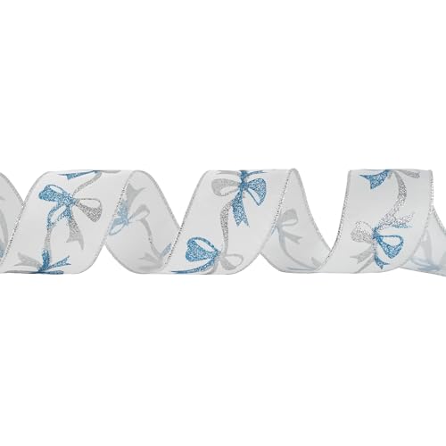 Blue and Silver Christmas Ribbon 2.5 Inch White Satin Ribbons with Turqupise and Silver Glittery Bows Pattern 10 Yards Christmas Wired Ribbon for Tree (30 Foot)