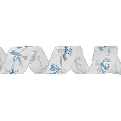Blue and Silver Christmas Ribbon 2.5 Inch White Satin Ribbons with Turqupise and Silver Glittery Bows Pattern 10 Yards Christmas Wired Ribbon for Tree (30 Foot)