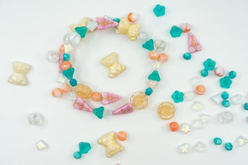 1.4oz (40g) Limited Mix of Czech Glass Beads, Hand Made Set Kit, Pink Turquoise Beige Cute Bear