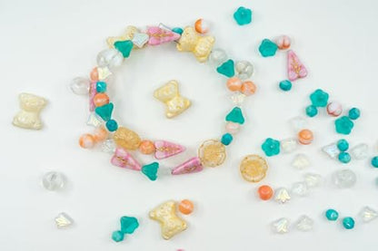 1.4oz (40g) Limited Mix of Czech Glass Beads, Hand Made Set Kit, Pink Turquoise Beige Cute Bear