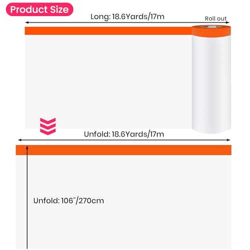 Pre Taped Masking Film Plastic Drop Cloths 102" x 56Feet (3 Count)